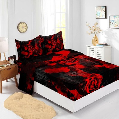 Acoinel 4 Pcs Retro Red Rose Comforter Set with 1 Fitted Sheet, 1 Flat Sheet and 2 Pillowcases, for Kids Teens Boys Girls Adults Bedroom,Queen