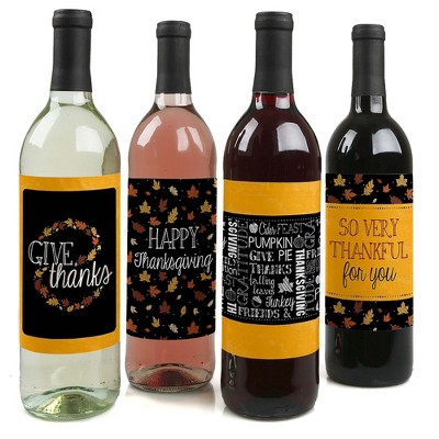 Big Dot of Happiness Give Thanks - Thanksgiving Decorations for Women and Men - Wine Bottle Label Stickers - Set of 4
