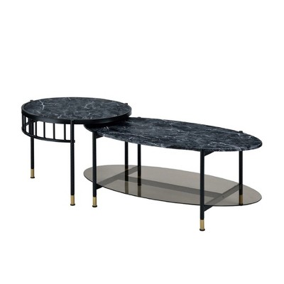 Royal Hampton 40 Inch 2 Piece Nesting Coffee Table, Faux Marble Top, Glass Shelf, Black