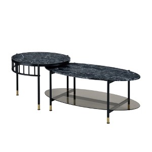 Royal Hampton 40 Inch 2 Piece Nesting Coffee Table, Faux Marble Top, Glass Shelf, Black - 1 of 4