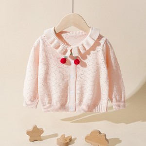 MyKids-Usa Baby Girl Solid Color Hollow Carved Design Cherry Patched Cardigan - 1 of 4