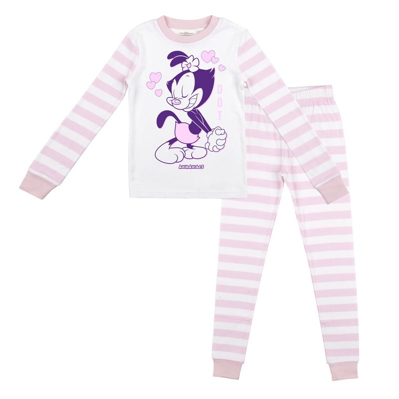 Animaniacs Dot and Hearts with Pink and White Stripe Pattern Youth Girl's Long Sleeve Pajama Set, 1 of 5