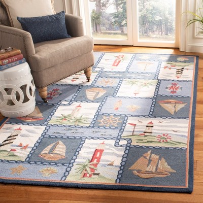 Blue Nautical Hand-Hooked Wool Area Rug, 3'9" x 5'9"