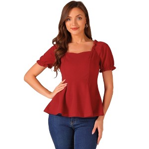 Allegra K Women's Sweetheart Neck Puff Ruffle Sleeve Elegant Peplum Top - 1 of 4