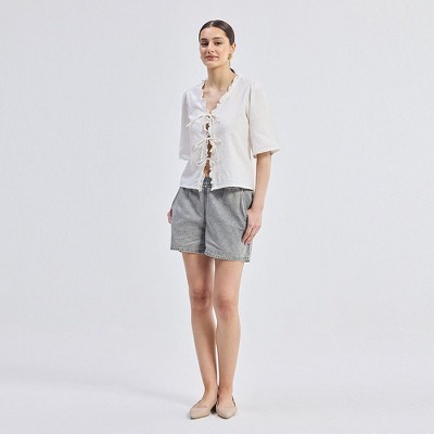 Reistor Womens Relaxed Fit Top With Ruffles and Front-Ties in White