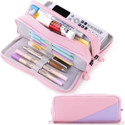Paaaawaters Large Capacity Pencil Case 3 Compartment Pouch Pen Bag for School Teen Girl Boy Men Women (Pink)