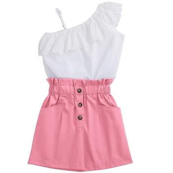 Girls Summer Sets Lace Founce Neck Line Spaghetti Strape Tank Tops with High Waist Button Shorts Ruffled Trim Sets for Summer