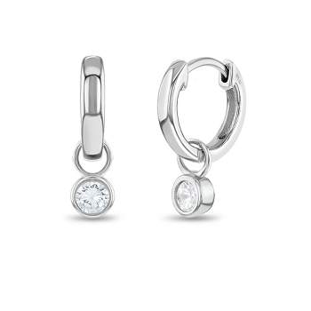 Girl's Bezel CZ Gem Dangle Hoop Sterling Silver Earrings - In Season Jewelry