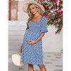 Floral Maternity Dress Square Neck Puff Sleeve Smocked Boho Photoshoot Baby Shower Pregnancy Dresses - 3 of 4