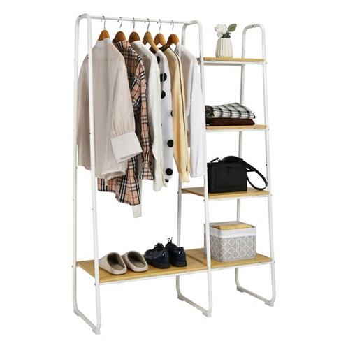 Costway 2-Tier Bamboo Garment Rack Clothing Storage Organizer Coat Hanger w/ Rod & Hooks