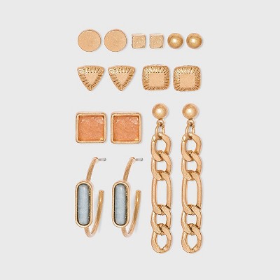 Semi-Precious Sunstone Angelite Multi Stud Earring Set 8pc - Universal Thread™ Gold