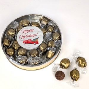 Happy Holidays Red Truck Gift Tin Filled With Milk Chocolate Dubai Truffle Candies For Christmas Gifting, Holiday Party Giveaways & More - 1 of 4