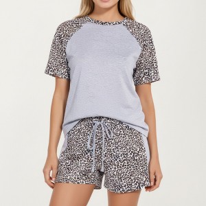 Anna-Kaci Lounge Women's Leopard Print Short Sleeve Pajama Set with Drawstring Shorts - 1 of 4