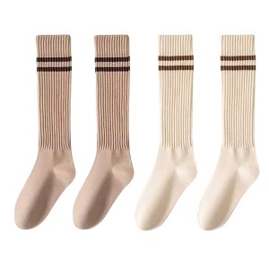 Anna-Kaci Women's 4-Pair Set Ribbed Knee-High Socks with Striped Detail Slim Fit Stretch Design for Casual Outfits - 1 of 4