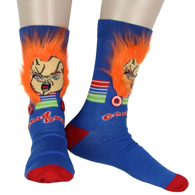 Child's Play Chucky Doll Fuzzy Hair Costume Character Design Men's Crew Socks Blue, 1 of 5