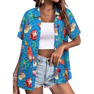 Nlife Women's Hawaiian Tropical Beach Blouses Floral Print Button Up Tee Shirts Summer Casual Tops Blue M - 1 of 4