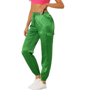 INSPIRE CHIC Women's Satin Drawstring Elastic High Waist Shiny Silky Cargo Pants - 1 of 4