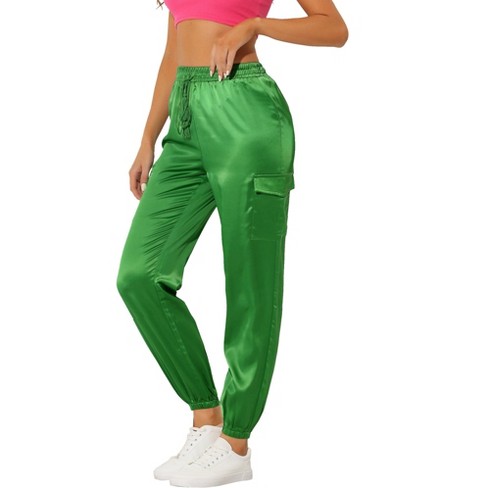 Allegra K Women's Drawstring Elastic High Rise Silky Solid Satin Pants  Green Large