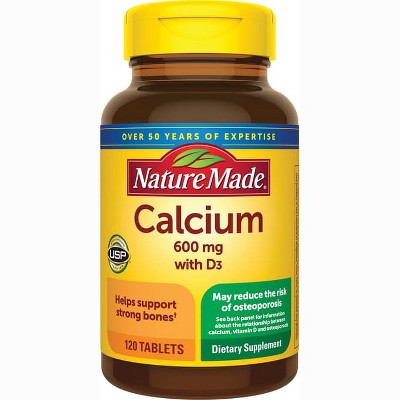 Nature Made Calcium 600 mg with Vitamin D3, Dietary Supplement for Bone Support, 120 Tablets.