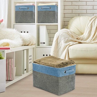 Aqua and Gray Fabric Collapsible Storage Bins with Handles, Set of 3