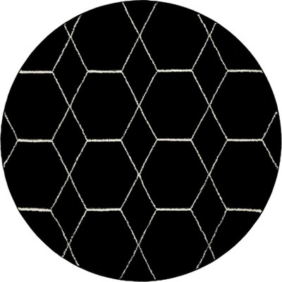 5' Round Black and Ivory Trellis Synthetic Area Rug