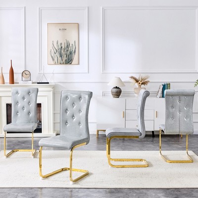 KWPZQEB Luxury Dining Chair, Upholstered Accent Chair w/ Faux Alligator Skin, Crystal Buckle & Metal Bow Leg, Kitchen Chair for Dining Room