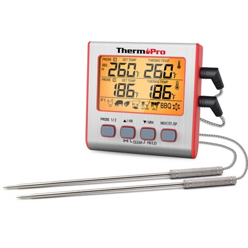 ThermoPro TP17W Digital Meat Thermometer with Dual Probes and Timer Mode  Grill Smoker Thermometer with Large LCD Display in Red