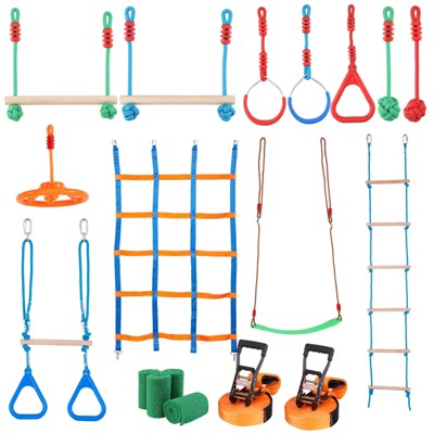 VEVOR Ninja Warrior Obstacle Course for Kids, 2 x 50 ft Weatherproof Slacklines, 500lbs Weight Capacity Monkey Line, Outdoor Playset Equipment