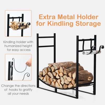 Black Steel 33" Indoor/Outdoor Firewood Rack with Kindling Holder