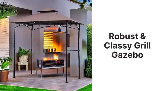 Four Seasons Courtyard Grill Gazebo With LED Lights, 2 Glass Shelves, and Durable Powder Coated Steel Frame for Backyard Lawn and Outdoor Use, Brown, 2 of 8, play video