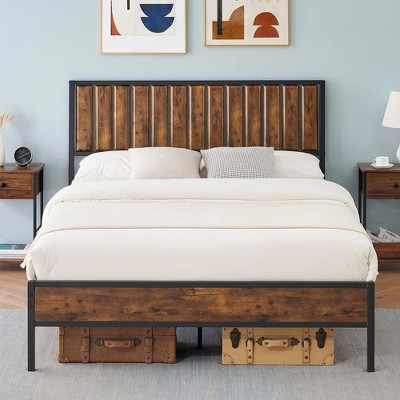 Homhougo Full Bed Frame, Metal Bed Frame with Stylish Headboard and Footboard Brown