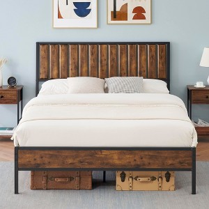 Homhougo Full Bed Frame, Metal Bed Frame with Stylish Headboard and Footboard Brown - 1 of 4