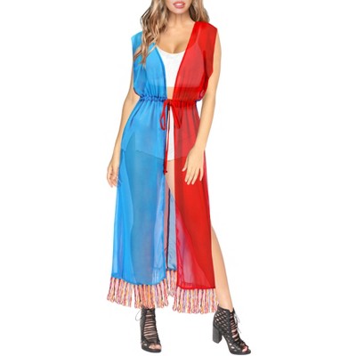 LA LEELA Women's Summer Vacation Beachwear Long Bathing Suit Open Front Fashion Duster Swimwear Coverups Cardigans M-L Red, Solid