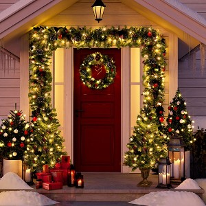 NicBex Prelit Artificial Christmas Trees Set of 4 with 2 Trees, Garland, Wreath, Pinecones, Red Berries and Lights for Indoor Decor - 1 of 4