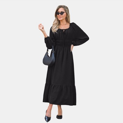Women's Elegant Black Tiered Maxi Dress with Puff Sleeves - Cupshe