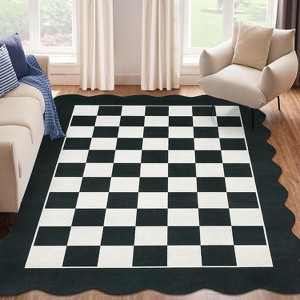 Scalloped Washable Area Rug Low Pile Neutral Checkerboard Carpet for Living Room, Dining Room, Bedroom Office - 1 of 4