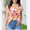 Amaryllis Women’s Floral V-Neck Pleated Blouse Short Cuffed Sleeves Relaxed Fit Lightweight Spring Summer Top- X Large ,Multicolored - 2 of 4