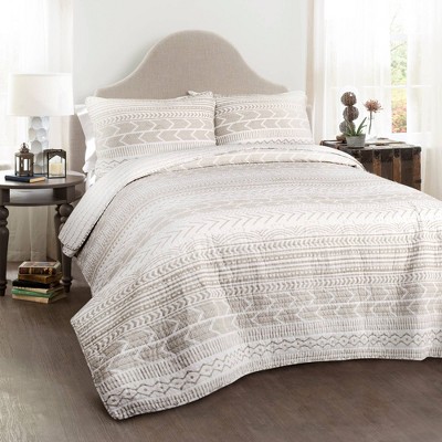 King Taupe and White Cotton Reversible Quilt Set