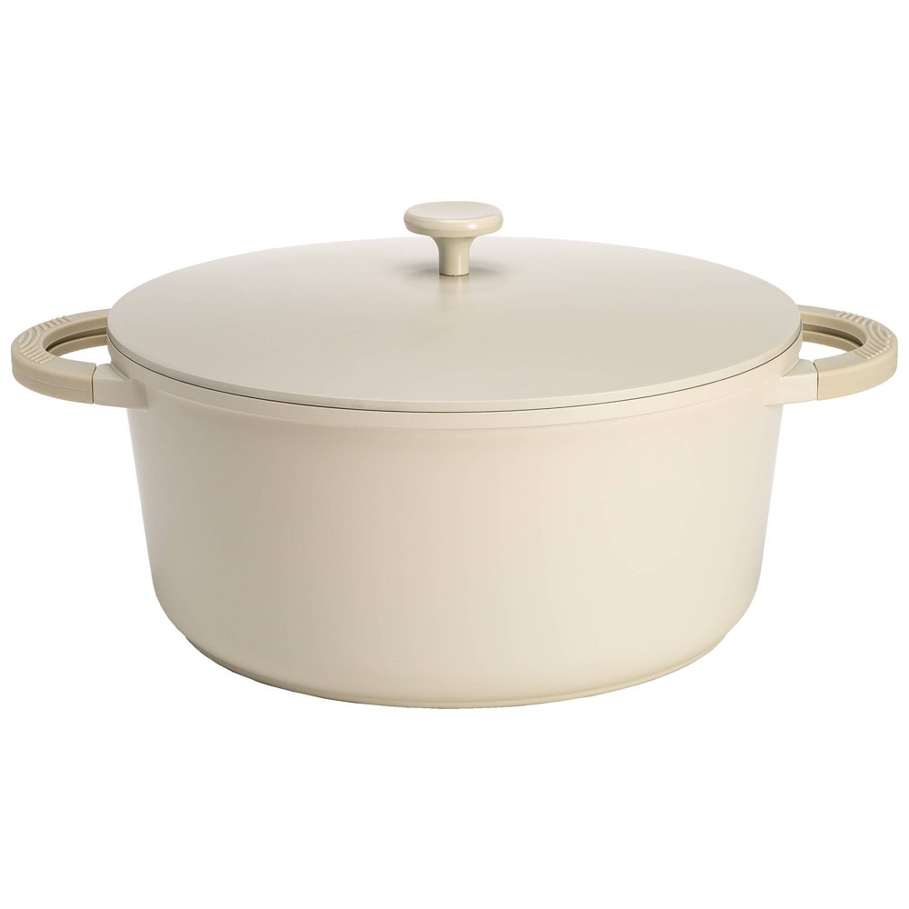 Goodful 7qt Cast Aluminum, Ceramic Stock Pot with Lid, Side Handles and Silicone Grip Cream