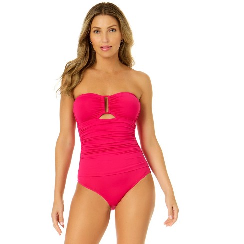 Anne Cole Women's Live In Color Strapless Bandeau Keyhole Shirred One Piece  Swimsuit - Magenta 12