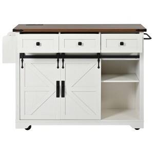 Maliang 53.7" Farmhouse Kitchen Island with Wheels, 2 Sliding Barn Door Kitchen Storage Island with Drop Leaf - 1 of 4