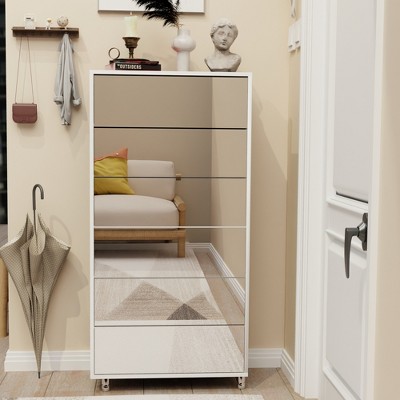 VYNXARIA Mirror Shoe Cabinet With 6 Flip Drawers, Mirror Shoe Rack Organizer Store Ample Shoes, Mirror Shoe Storage With 4 Metal Legs, White