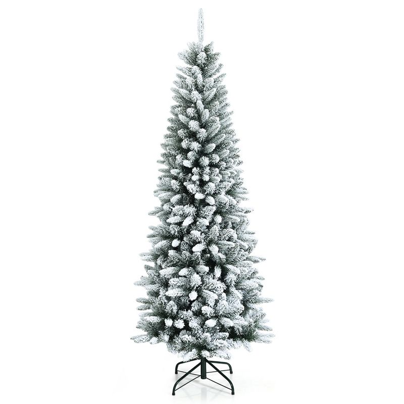 6.5ft Snow-Flocked Hinged Artificial Christmas Pencil Tree w/ 829 Mixed Tips, 1 of 15
