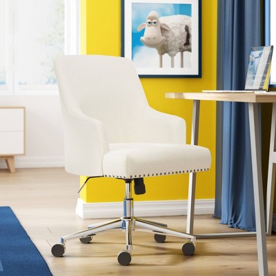 Ivory Leather Ergonomic Swivel Office Chair with Fixed Arms