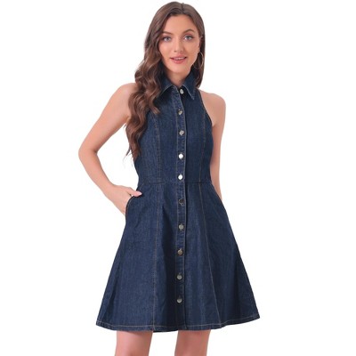 Allegra K Women's Halter Neck Button Down Shirt Denim A-Line Mini Dresses