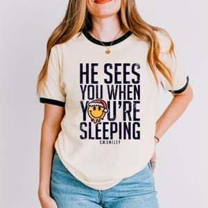 S.W.Smiley He Sees You When You're Sleeping - Women's Ringer Graphic T-Shirt - 1 of 3