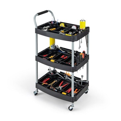 Aghana Digitals 3-Tier Black Mobile Tool Cart with Lockable Wheels, Metal & PP Construction, Ample