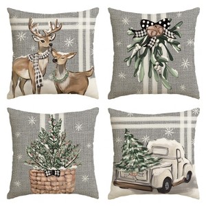 Christmas Tree Reindeer Truck Stripes Gray Throw Pillow Covers, 18 x 18 Inch Winter Holiday Cushion Case - 1 of 4