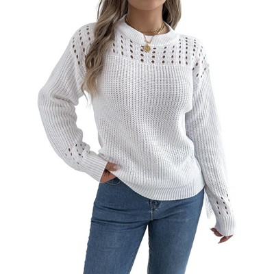 Coolmee Women's Sweaters Casual Long Sleeve Crewneck Cable Knit Oversized Crochet Sweater Pullover Tops White M