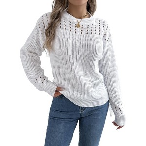 Coolmee Women's Sweaters Casual Long Sleeve Crewneck Cable Knit Oversized Crochet Sweater Pullover Tops - 1 of 4